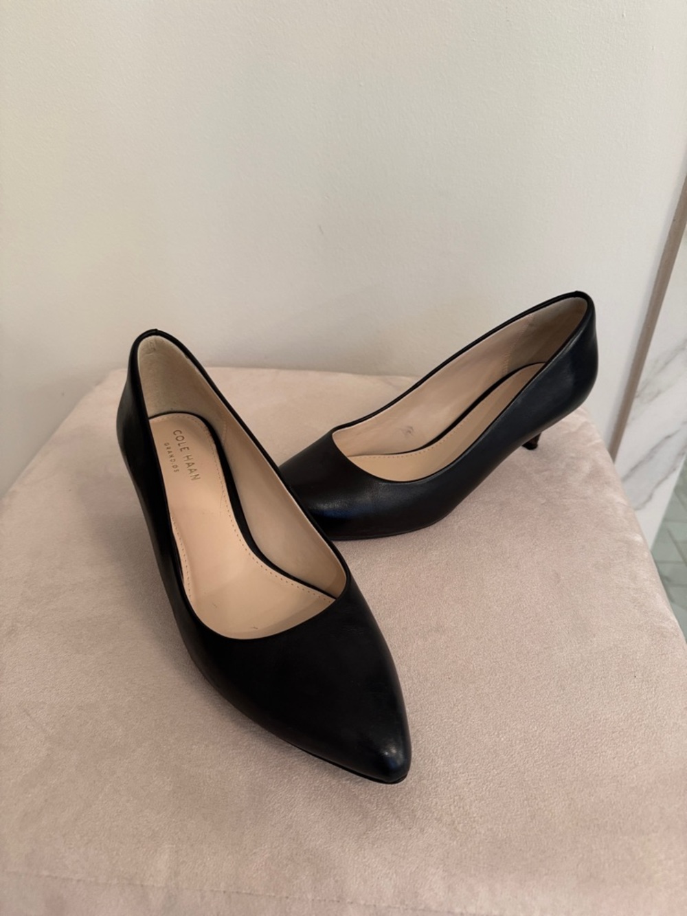 Cole Haan Black Leather Pointed-Toe Low Heel Pumps